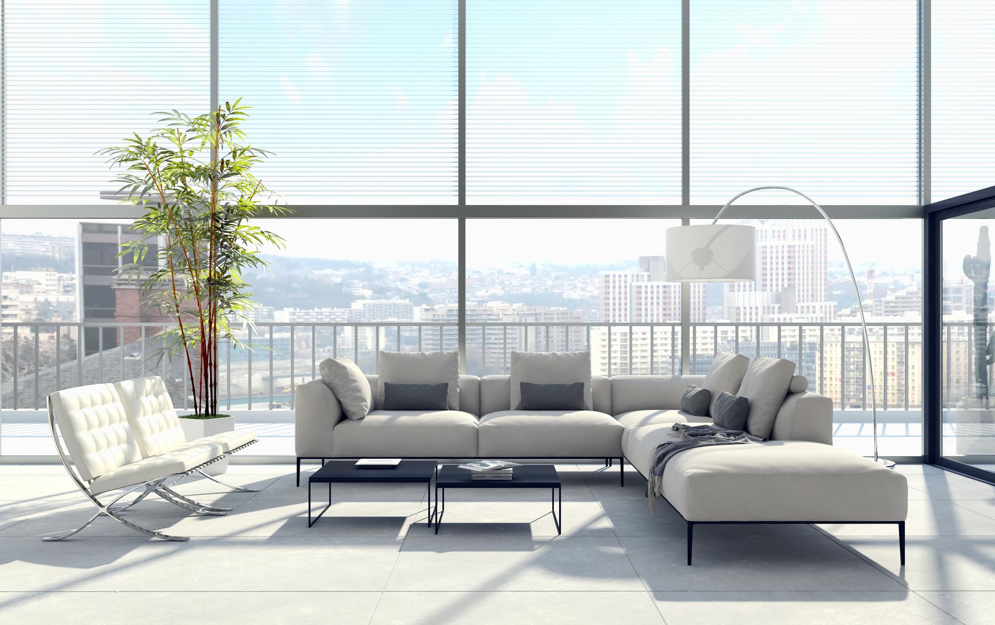 living modern cu lumină naturală, balcon și textură caldă